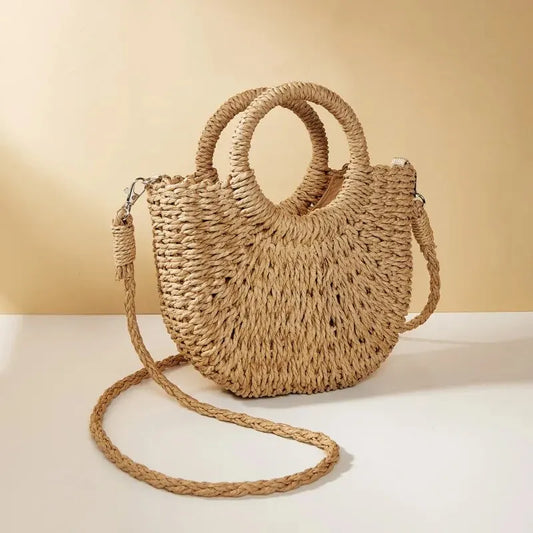 Handwoven Straw Half-Moon Bag