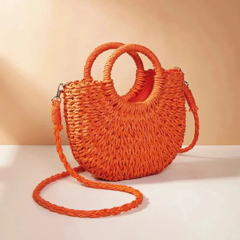 Handwoven Straw Half-Moon Bag