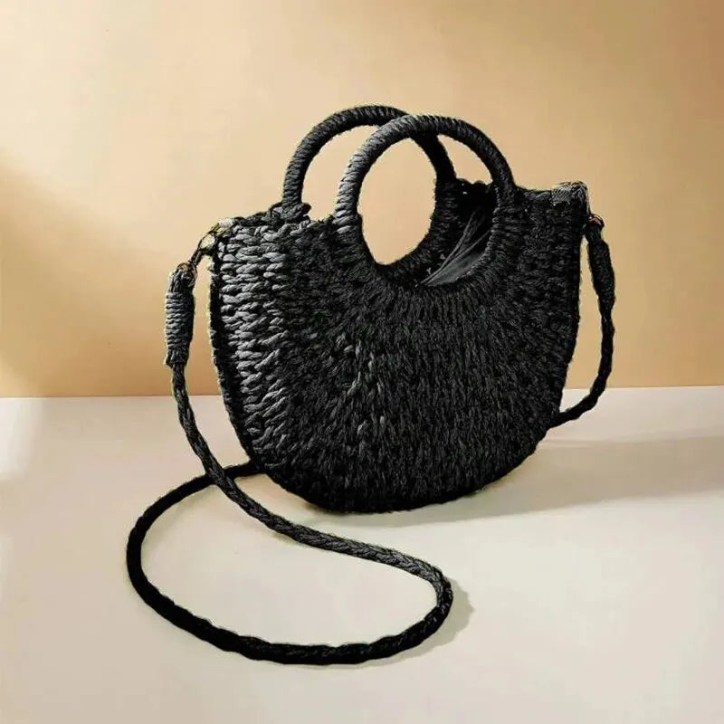 Handwoven Straw Half-Moon Bag