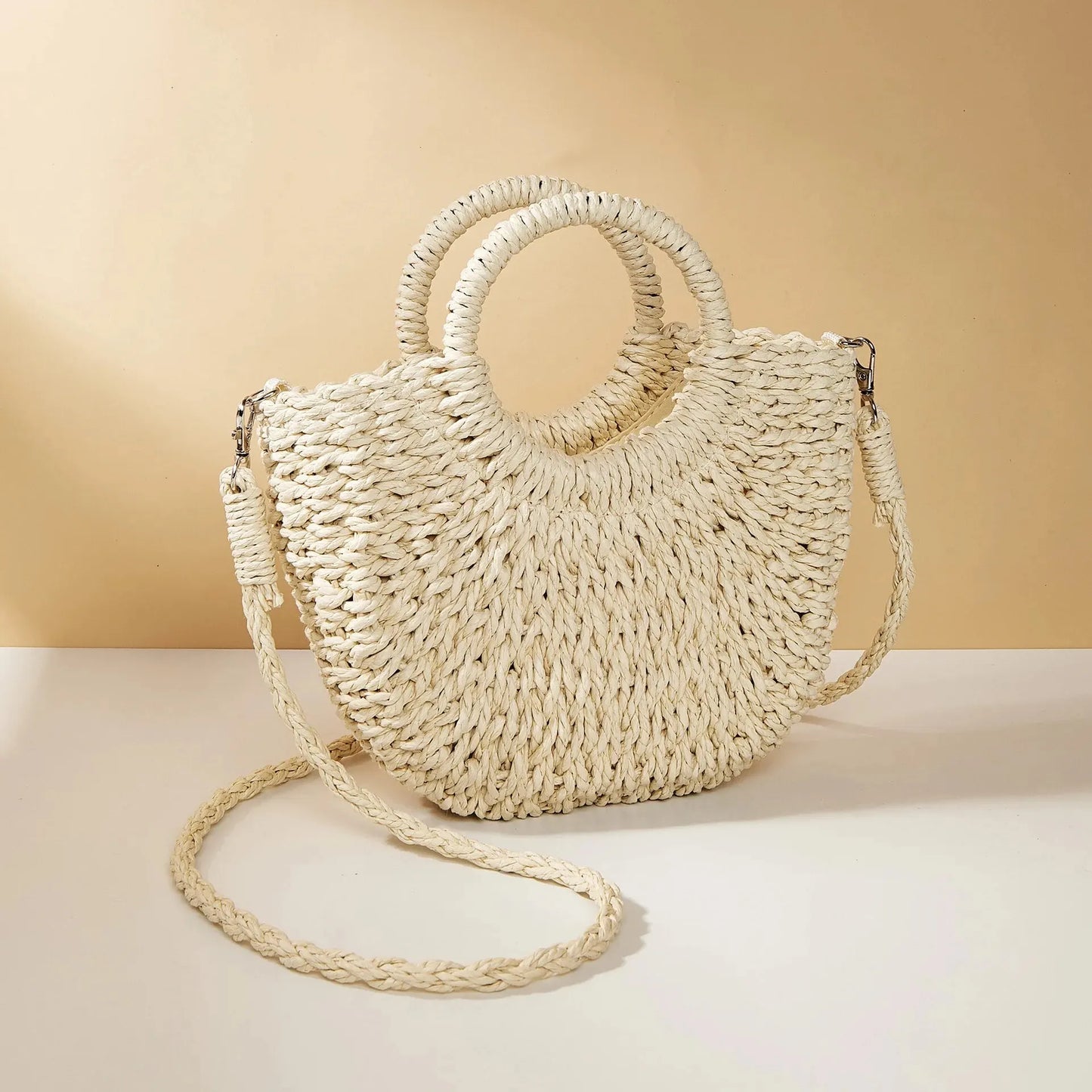 Handwoven Straw Half-Moon Bag